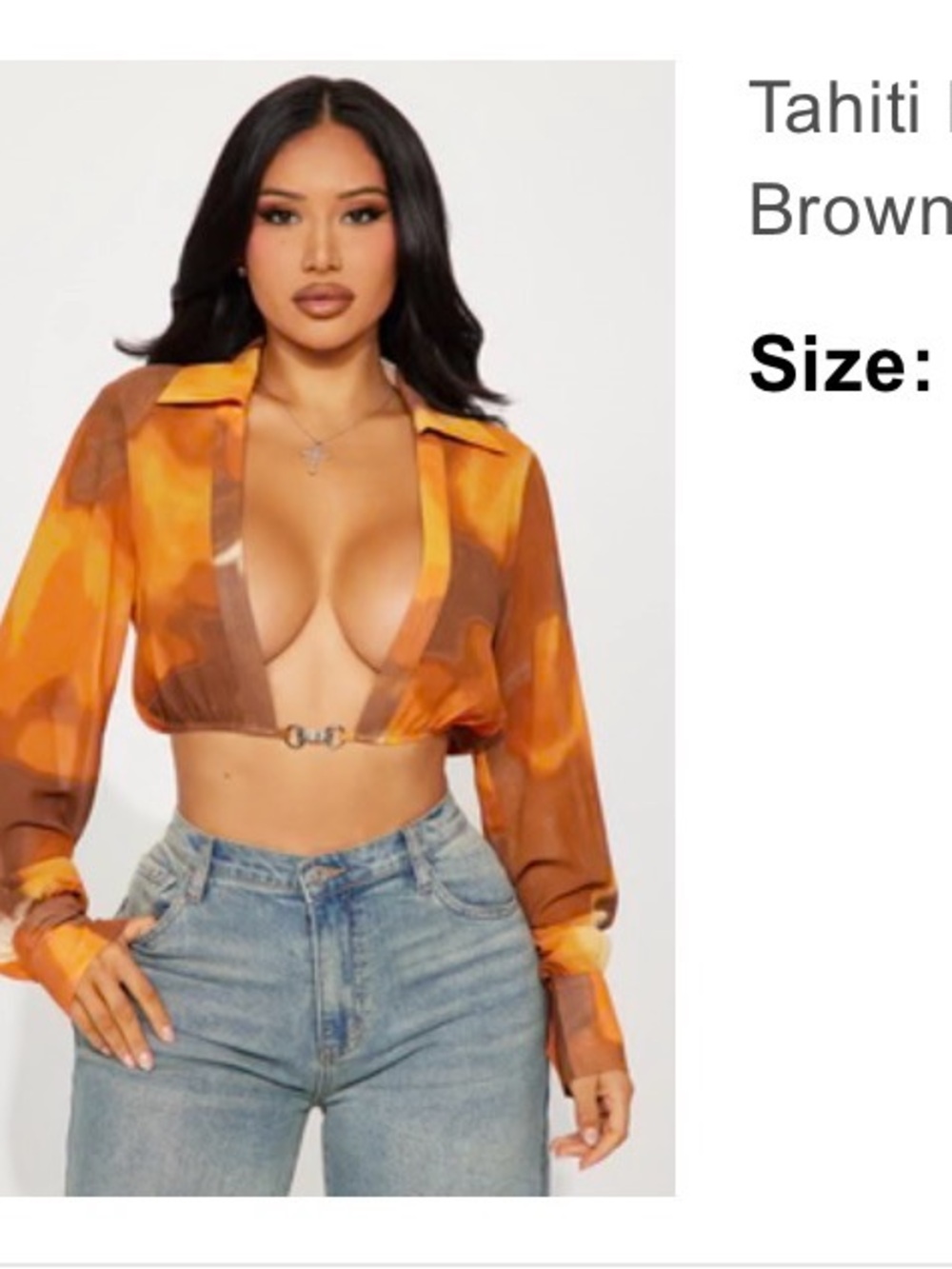 Fashion Nova Orange and Brown Sheer Cropped Wrap Top